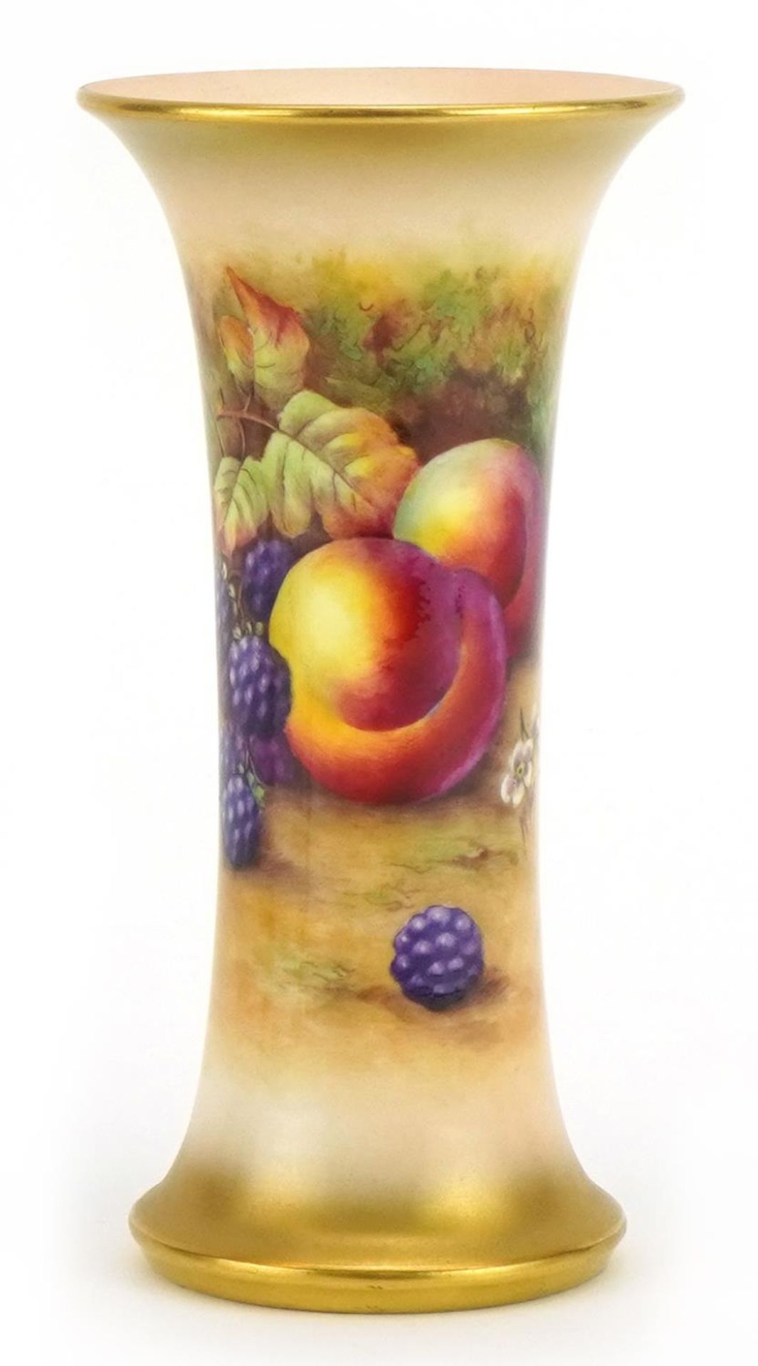 Horace Price for Royal Worcester, porcelain trumpet vase hand painted with fruit and berries,