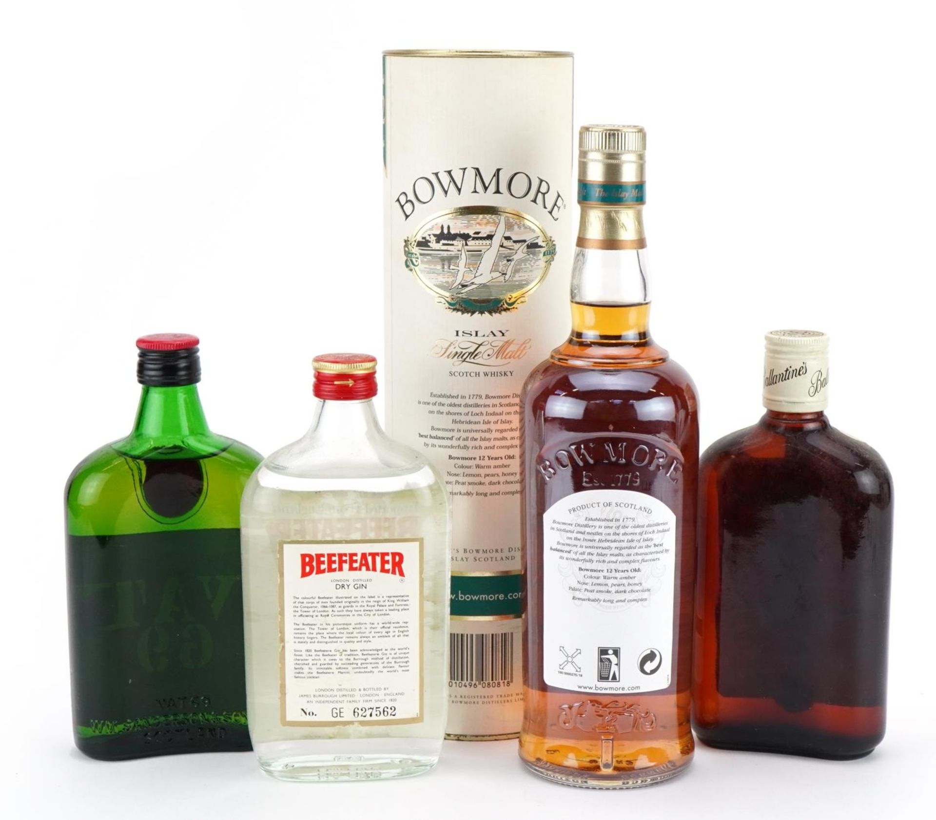 Four bottles of alcohol comprising Bowmore Single Malt whiskey aged 12 years with box, Ballantines - Image 2 of 2