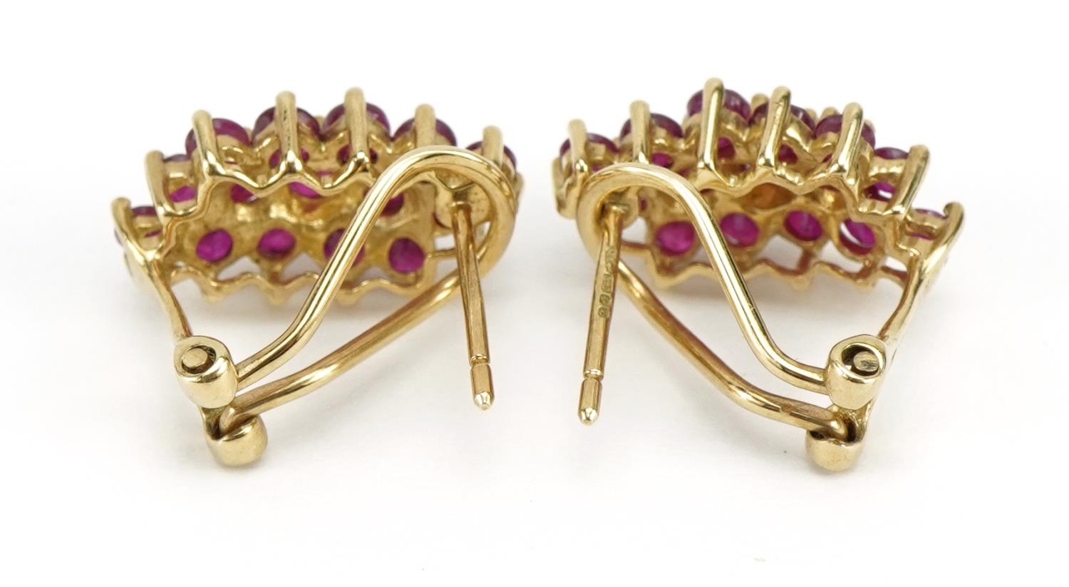 Pair of 9ct gold ruby three row cluster earrings, 1.6cm high, 3.3g - Image 2 of 3