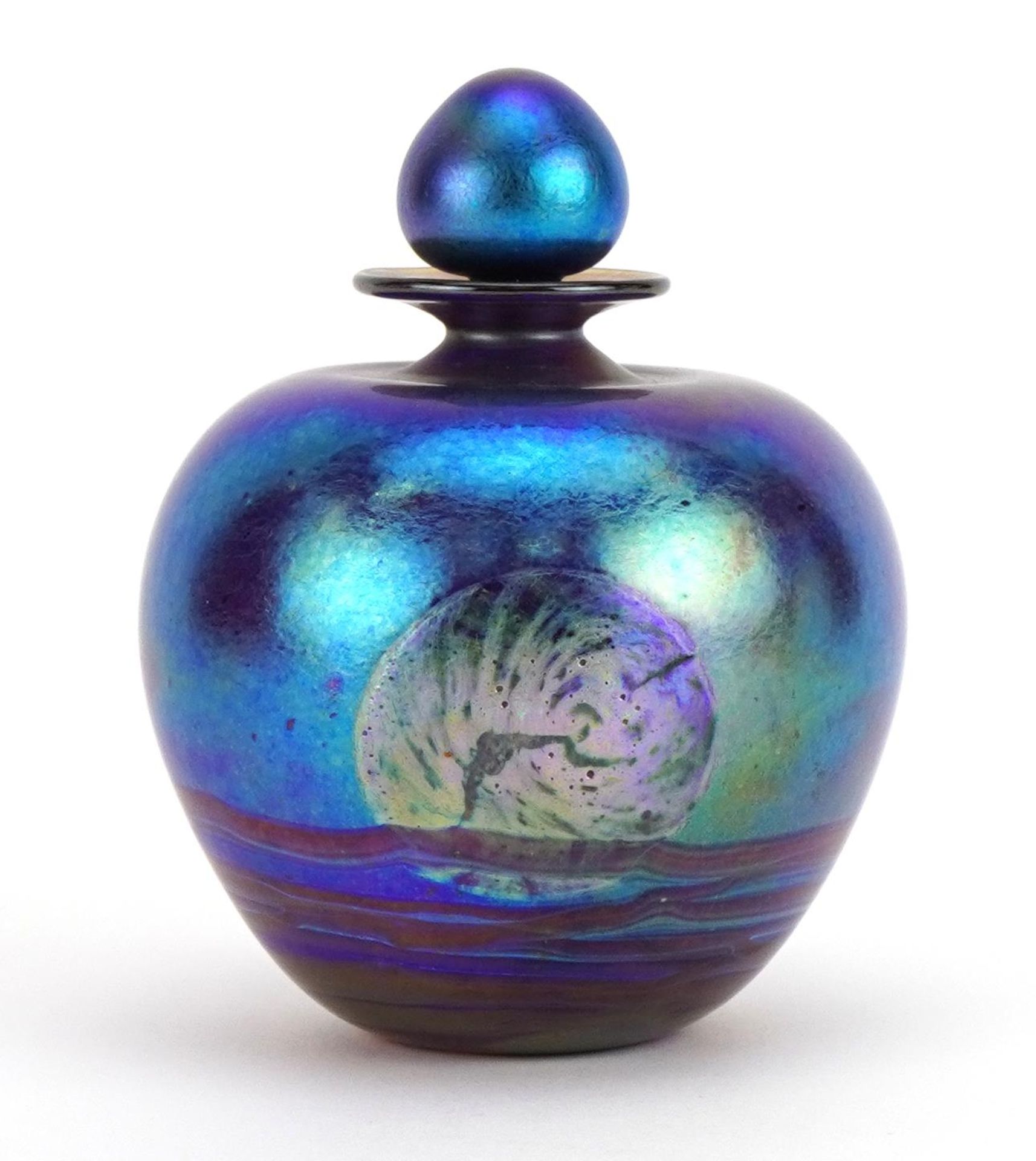 Siddy Langley, large iridescent art glass scent bottle with stopper, etched Siddy Langley 2002 to