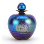 Siddy Langley, large iridescent art glass scent bottle with stopper, etched Siddy Langley 2002 to