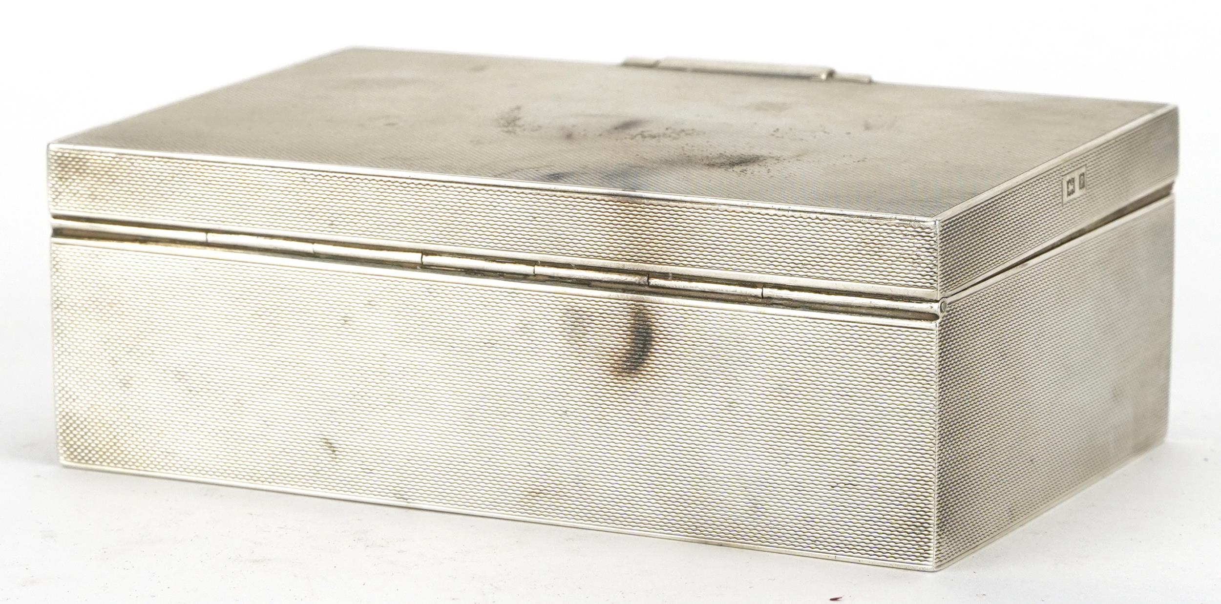 W H Manton, Elizabeth II Art Deco style silver cigarette box with engine turned decoration, - Image 2 of 4