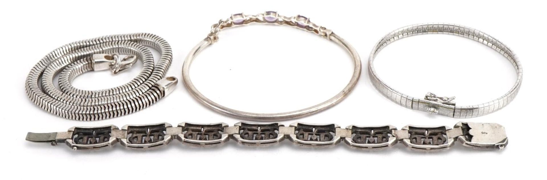 Silver jewllery comprising snake link necklace and three bracelets, one set with amethysts, total - Image 5 of 6