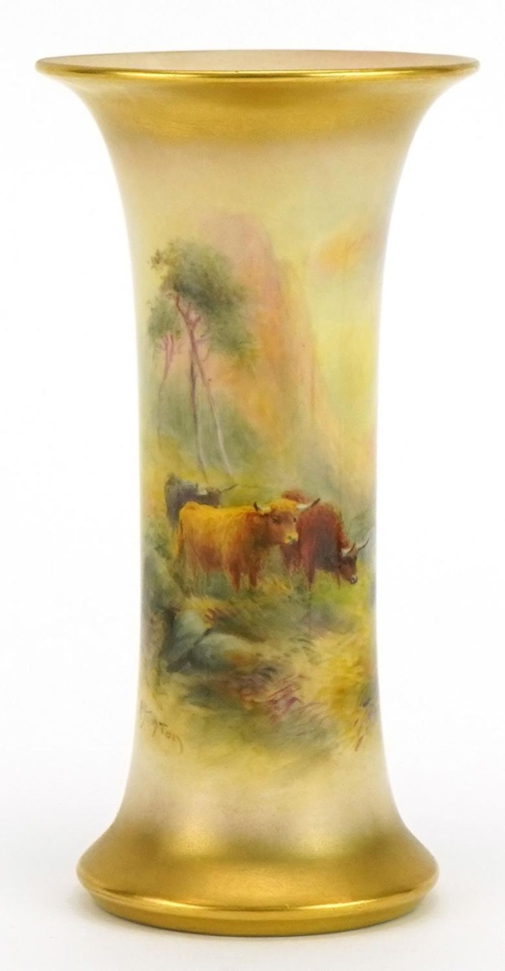 Harry Stinton for Royal Worcester, porcelain trumpet vase hand painted with Highland cattle beside