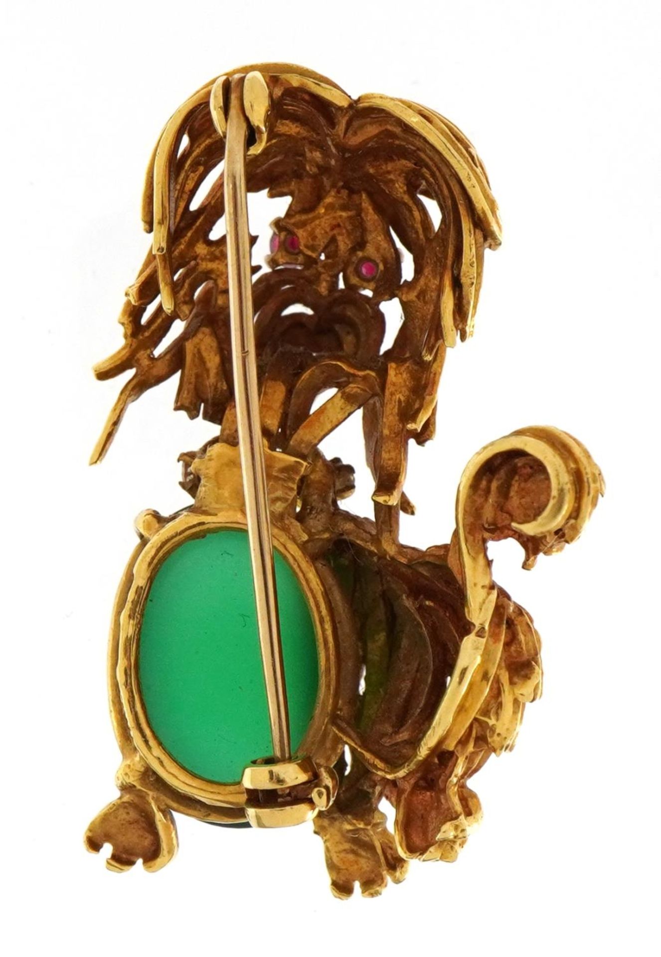 1960's 18ct gold cabochon jade dog brooch set with diamonds and rubies, London 1967 3.9cm high, 17. - Image 2 of 3