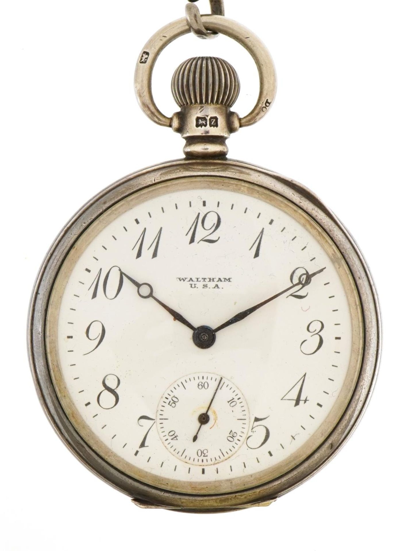 Waltham, gentlemen's silver open face pocket watch and silver watch chain with T bar and jewel, - Image 2 of 5