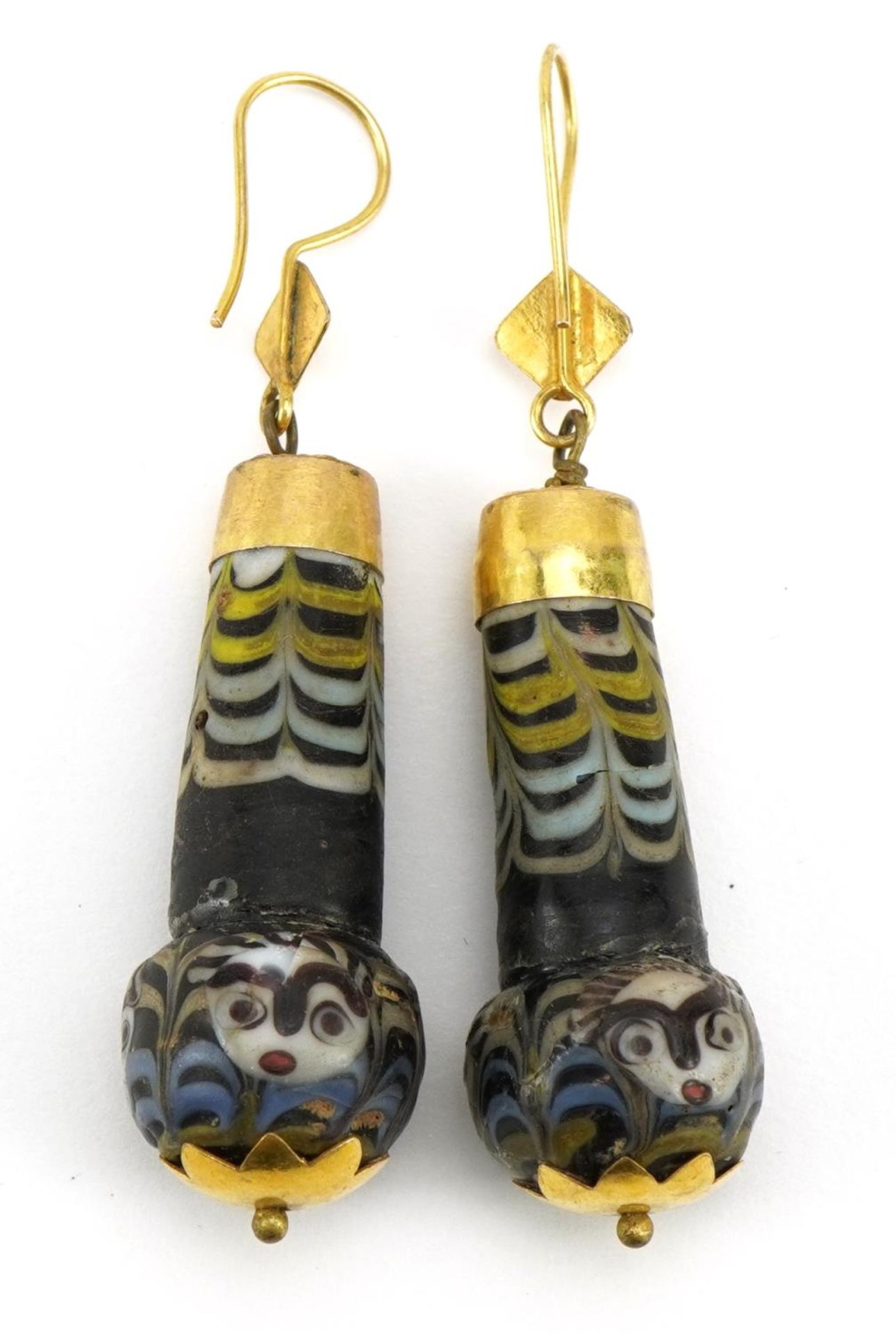 Pair of unmarked gold Islamic glass bead drop earrings, 6cm high, 15.6g - Image 2 of 2