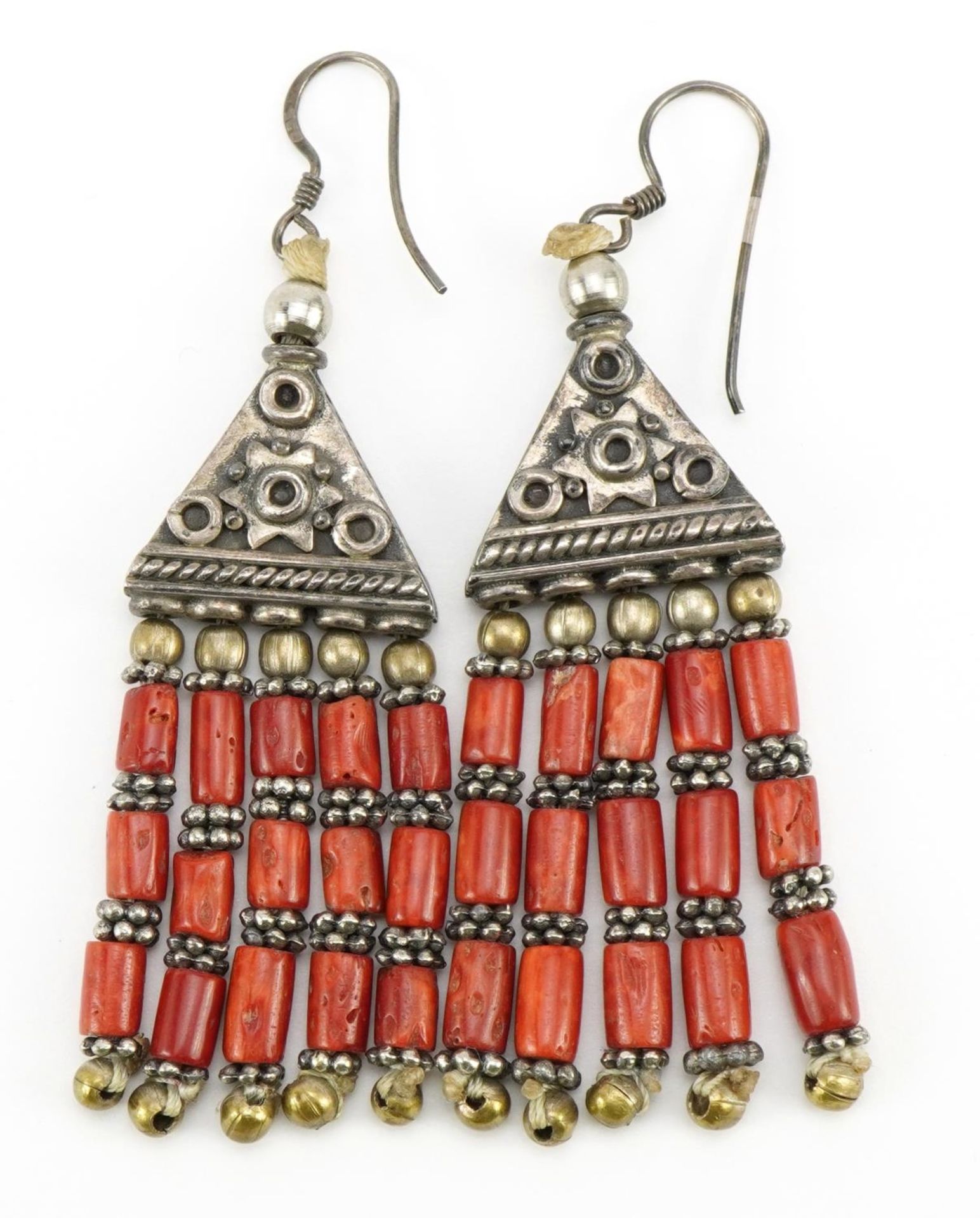 Pair of silver Berber Moroccan coral drop earrings, 7cm high, 23.4g - Image 2 of 2