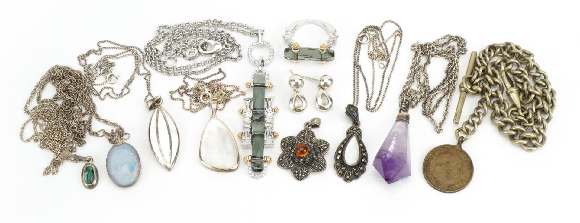 Vintage and later silver and white metal jewellery including amethyst crystal pendant, pair of