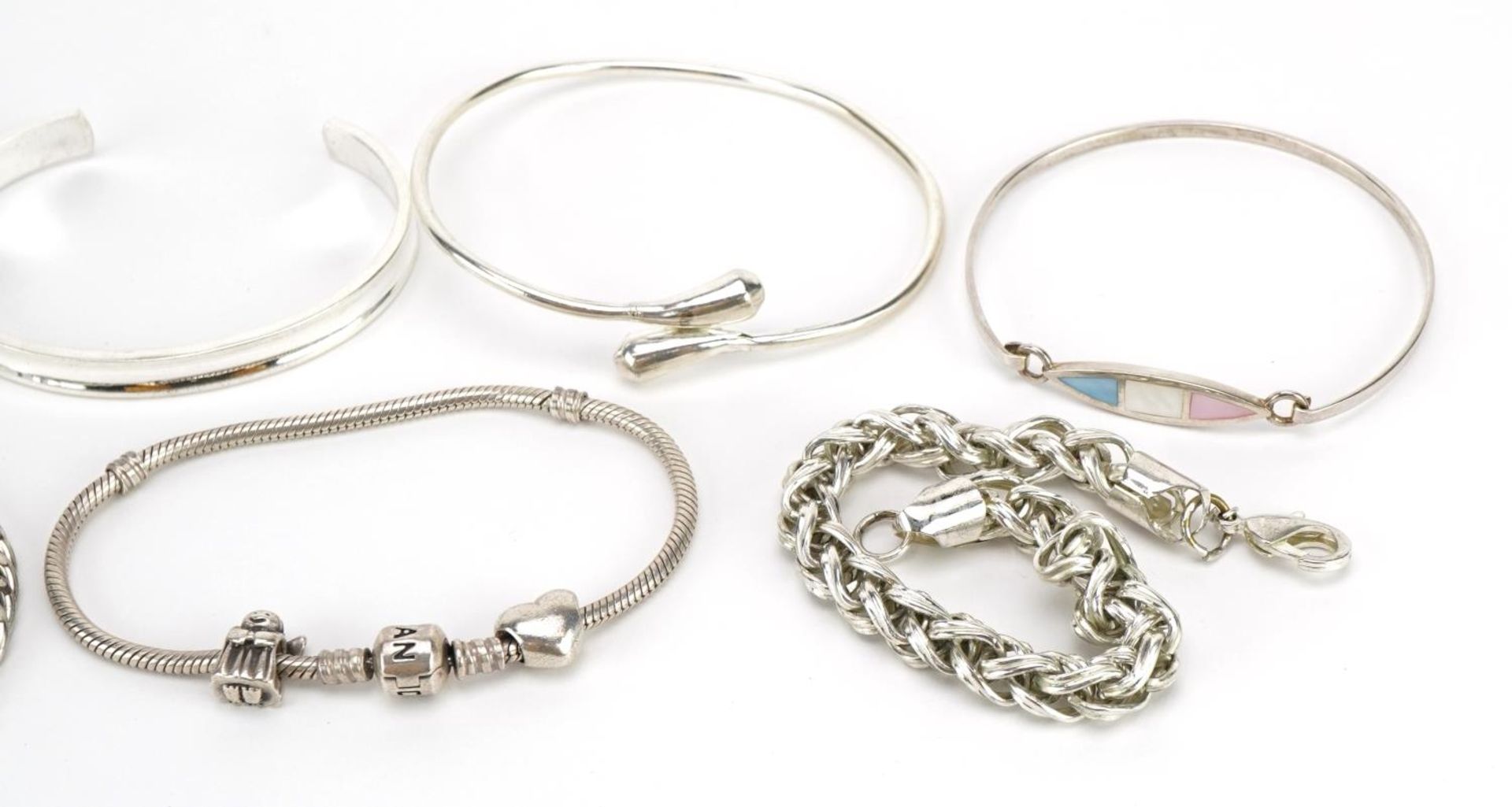 Five silver bangles and bracelets and two white metal bracelets including Pandora, total weighable - Image 3 of 4