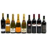 Nine bottles of Champagne, port and red wine including Veuve Clicquot Ponsardin, Taittinger and