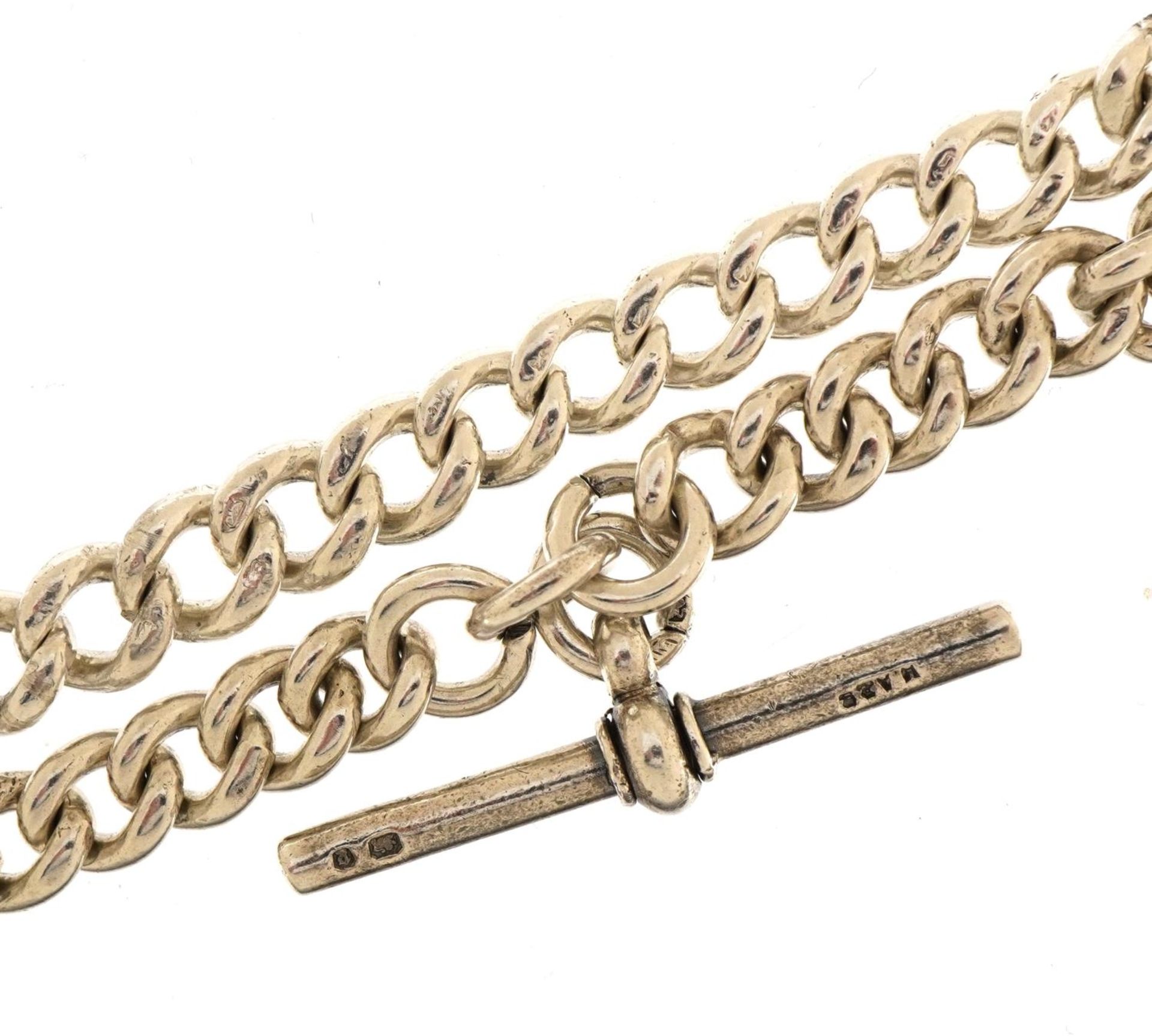 Silver watch chain with T bar and clasp, 29.5cm in length, 37.5g