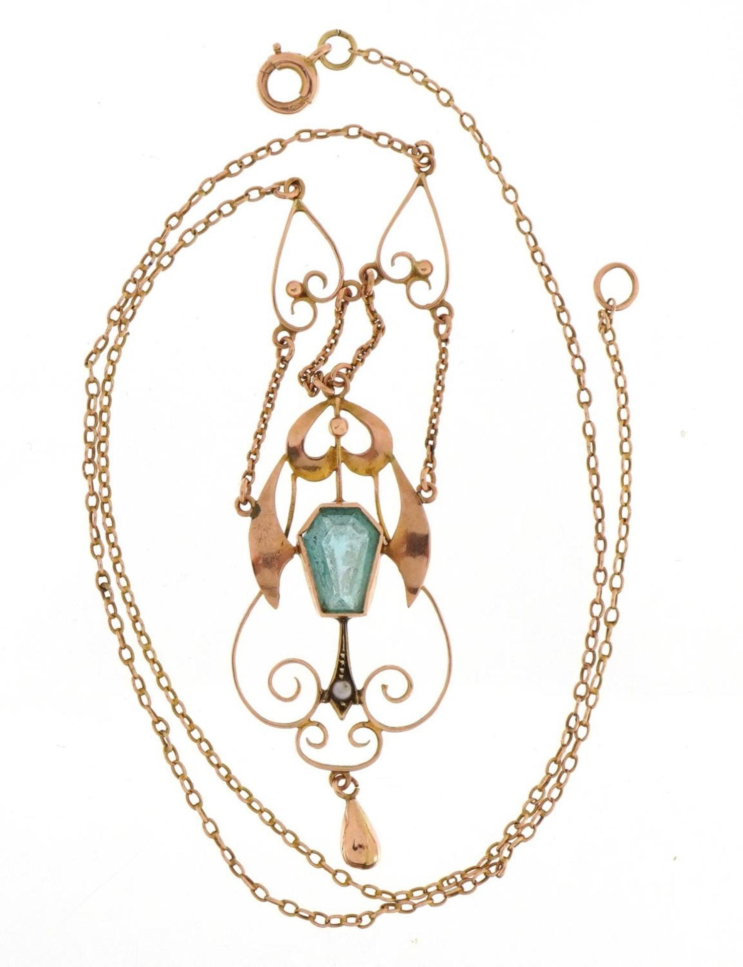 Edwardian 9ct rose gold seed pearl and blue stone necklace, 48cm in length, 3.7g - Image 2 of 3