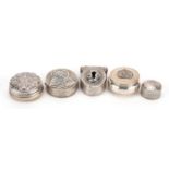 Five silver pill boxes including one padlock design with niello work and a religious icon, each with
