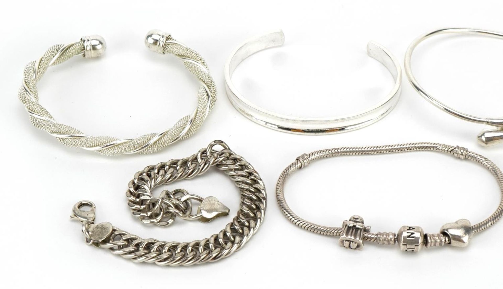 Five silver bangles and bracelets and two white metal bracelets including Pandora, total weighable - Image 2 of 4