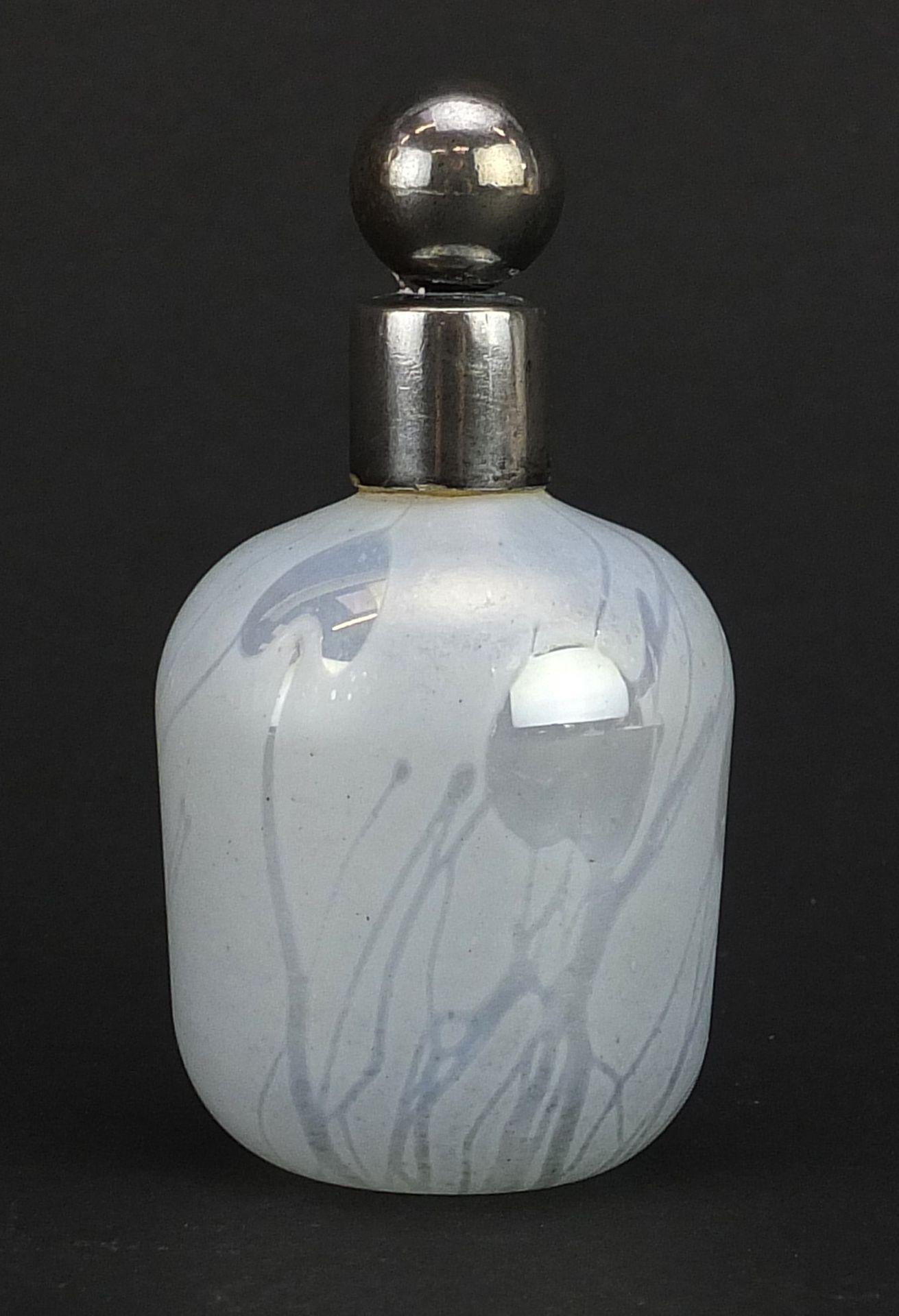 John Ditchfield, Glasform iridescent art glass scent bottle with white metal stopper and collar,