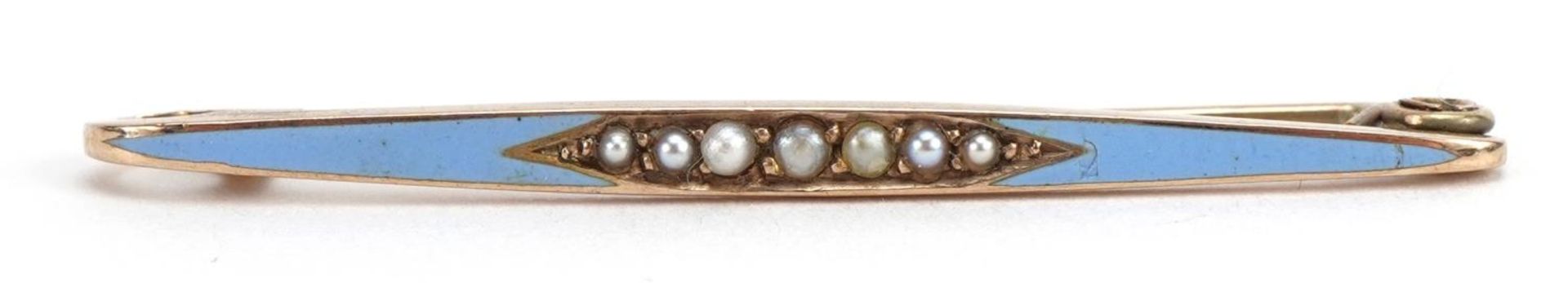 9ct gold seed pearl and blue enamel bar brooch, 4.5cm wide, 2.2g