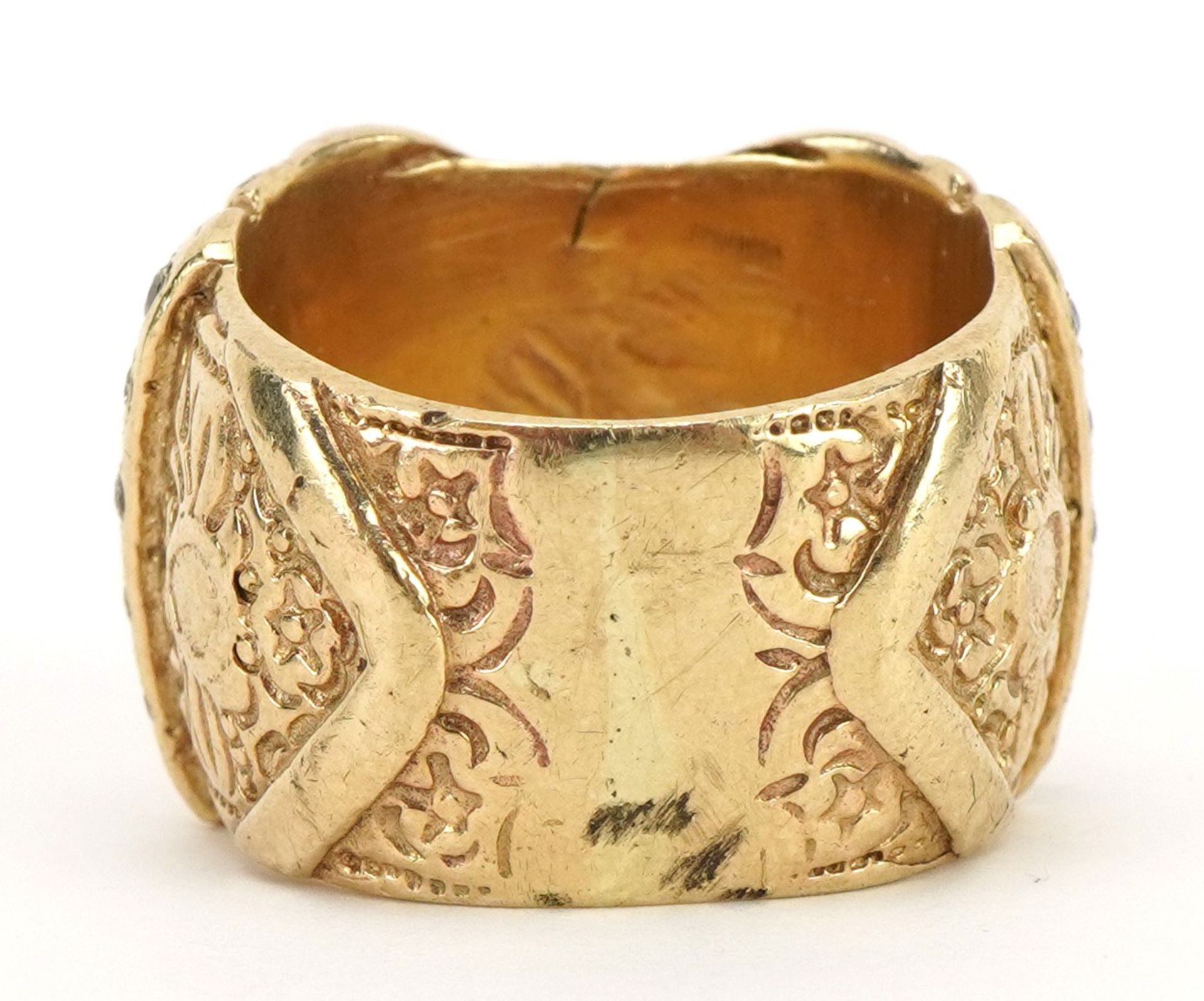 Heavy gentlemen's 9ct gold double buckle ring set with clear stones, size U, 25.0g - Image 4 of 6