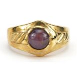 9ct gold cabochon ruby ring with box and certificate, the ruby approximately 7.0mm in diameter, size