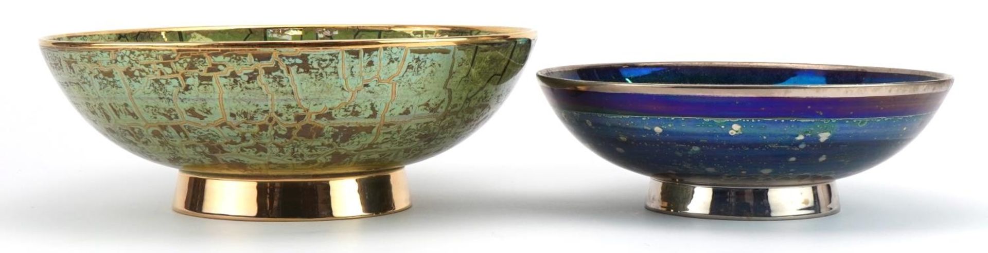 Atkinson Jones, two contemporary lustreware footed bowls including one having a green crackle glaze, - Image 2 of 5