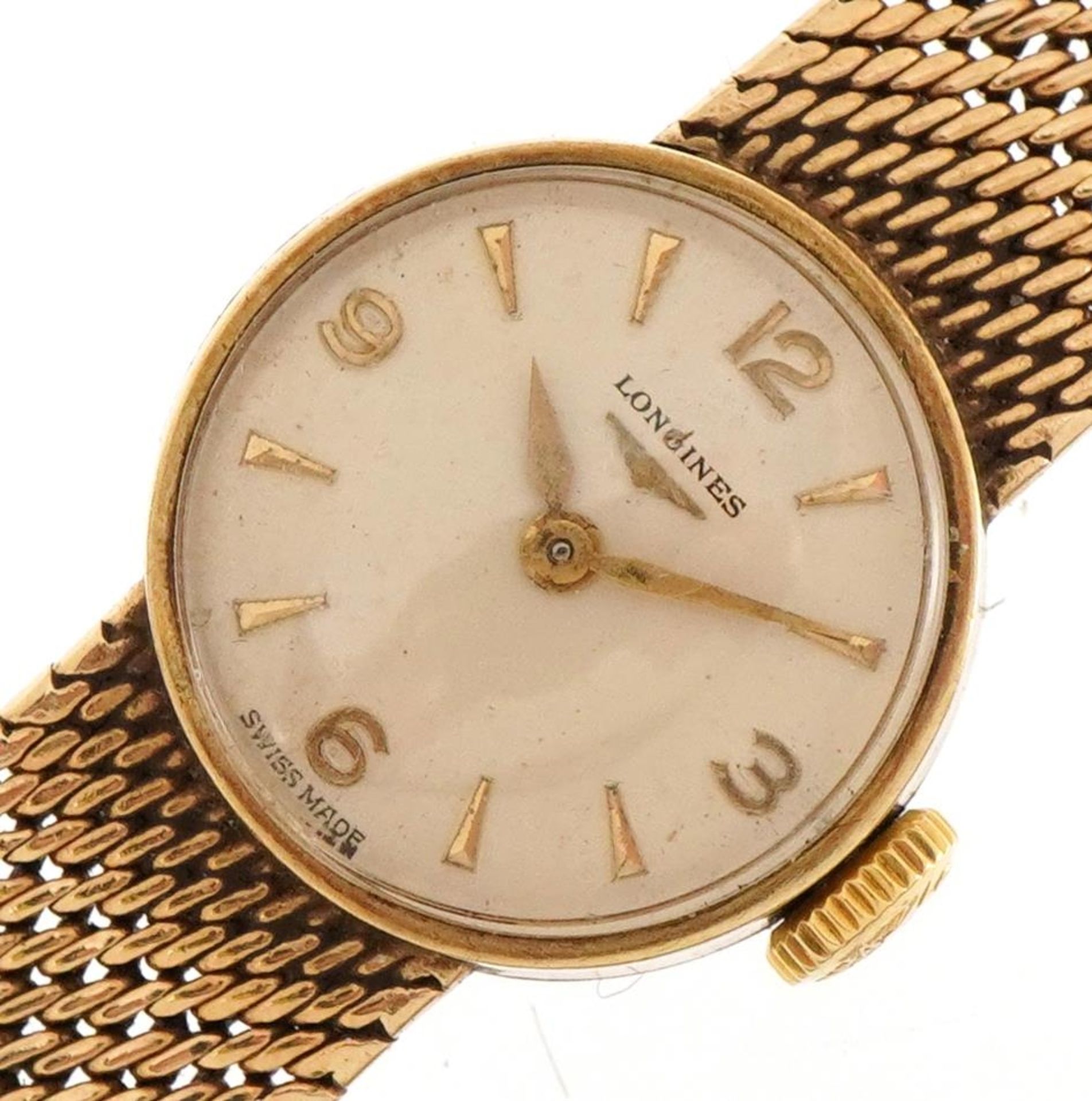 Ladies Longines 9ct gold wristwatch with 9ct gold strap, housed in a Longines box, the case 18mm
