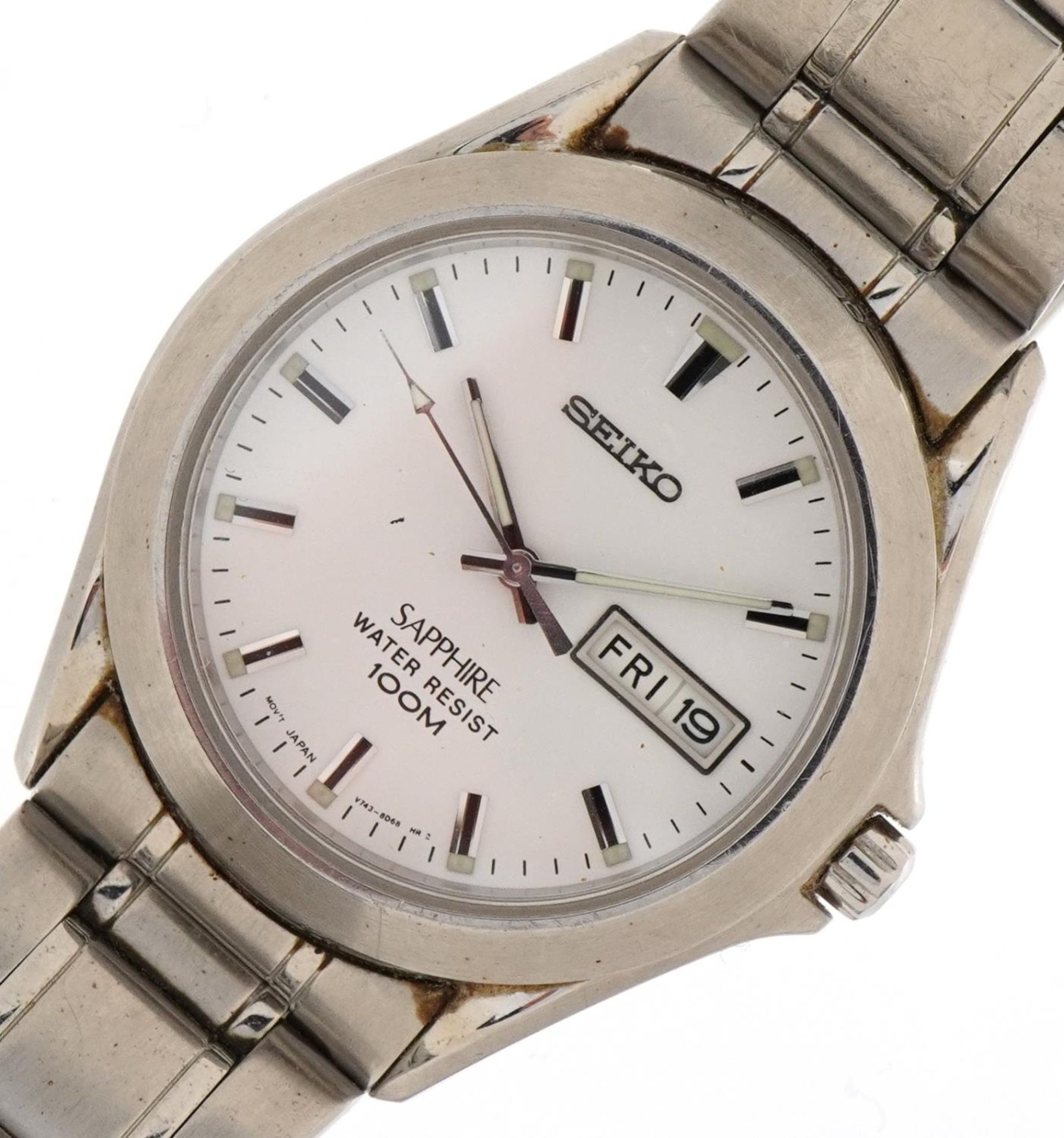 Seiko, gentlemen's Seiko Sapphire 100m stainless steel wristwatch with date aperture, the case