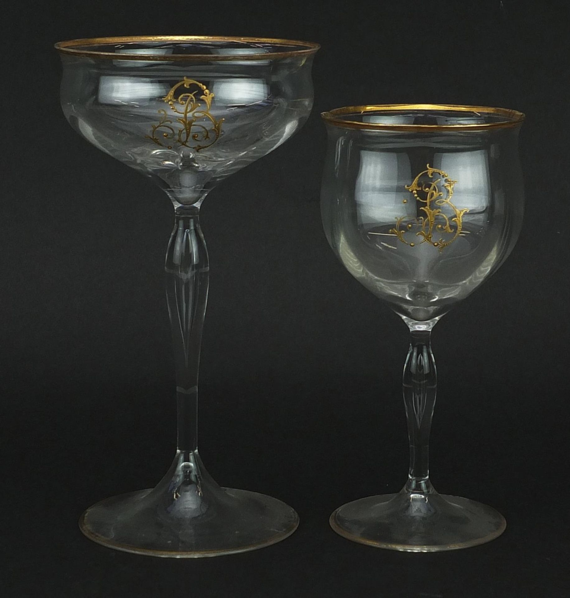 Two sets of six Venetian glasses with gilt monograms and borders, the largest each 18cm high - Image 4 of 4