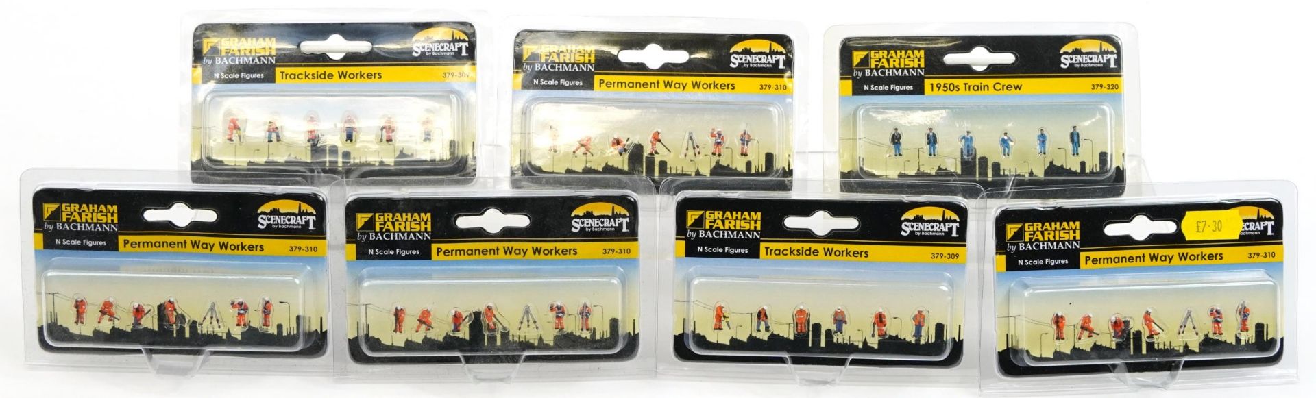 Seven Graham Farish N gauge model railway sets of figures with cases including 1950s train crew,