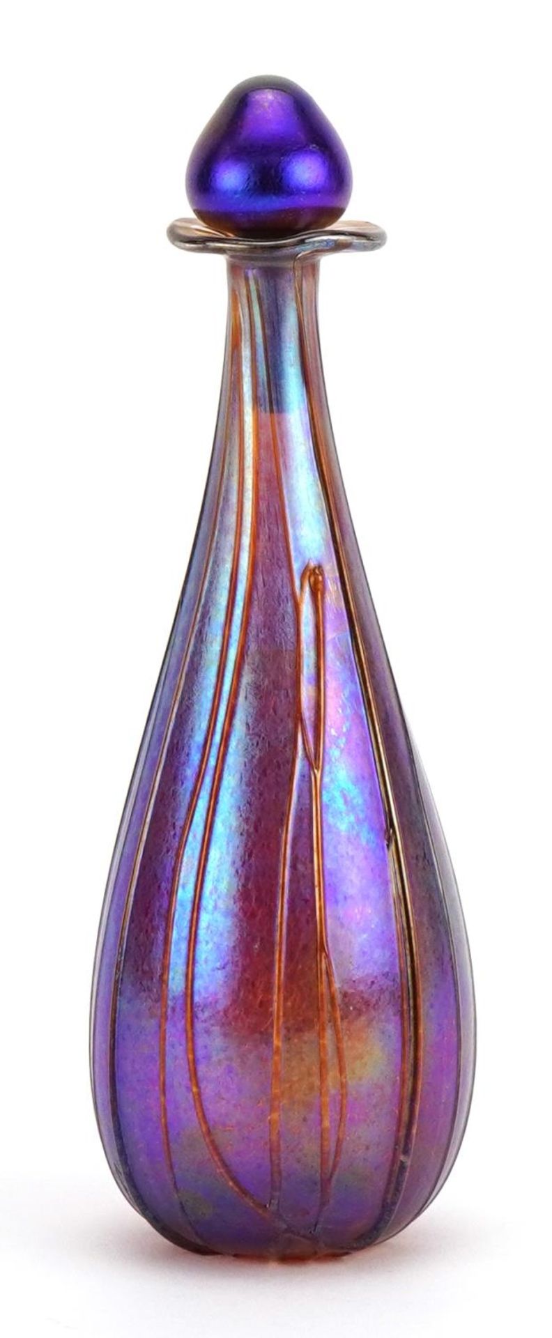 Siddy Langley, large iridescent art glass scent bottle with stopper, etched Siddy Langley around the - Image 2 of 4