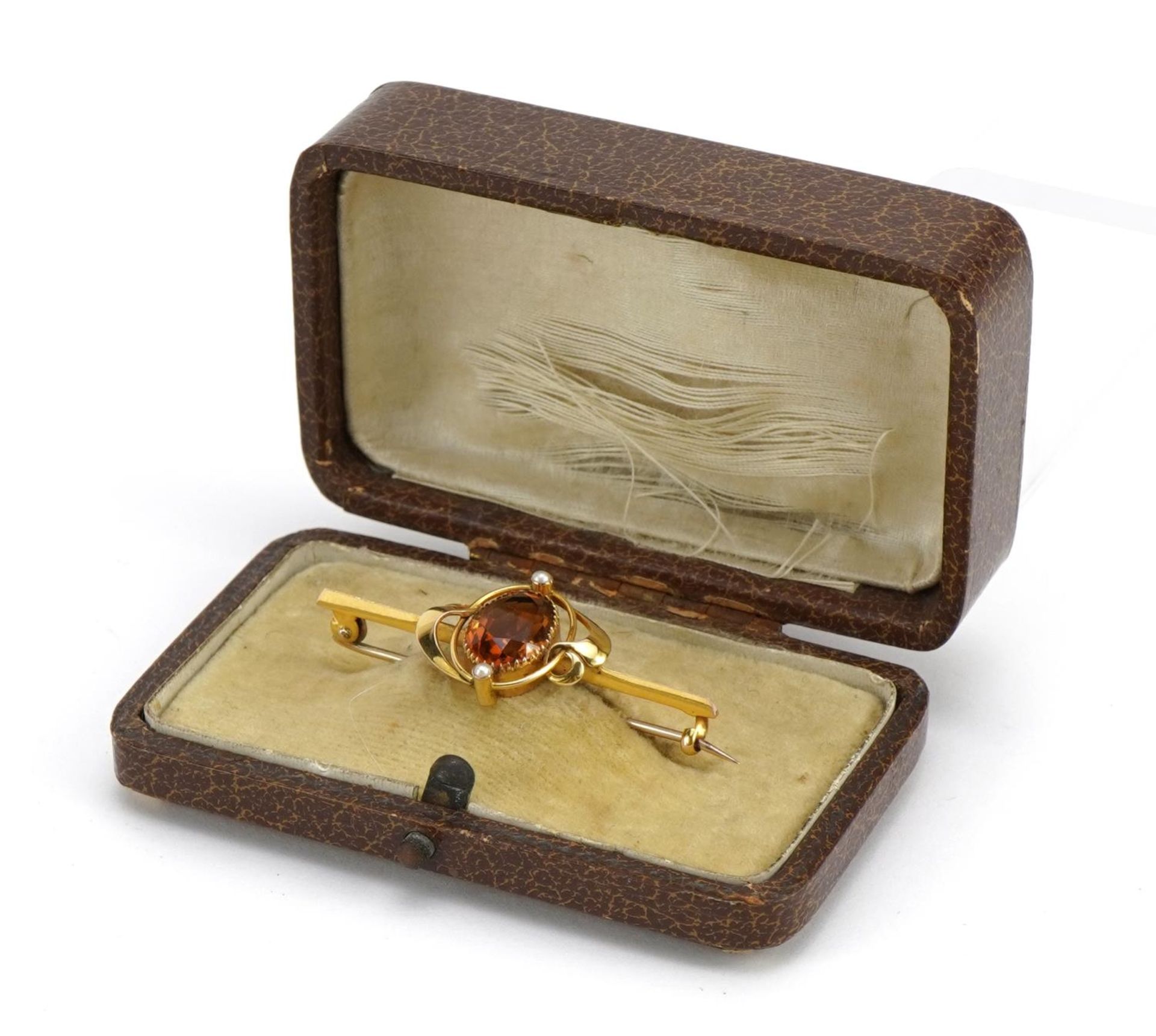 Art Nouveau 9ct gold citrine and seed pearl bar brooch housed in a fitted leather box, 4.1cm wide, - Image 4 of 5