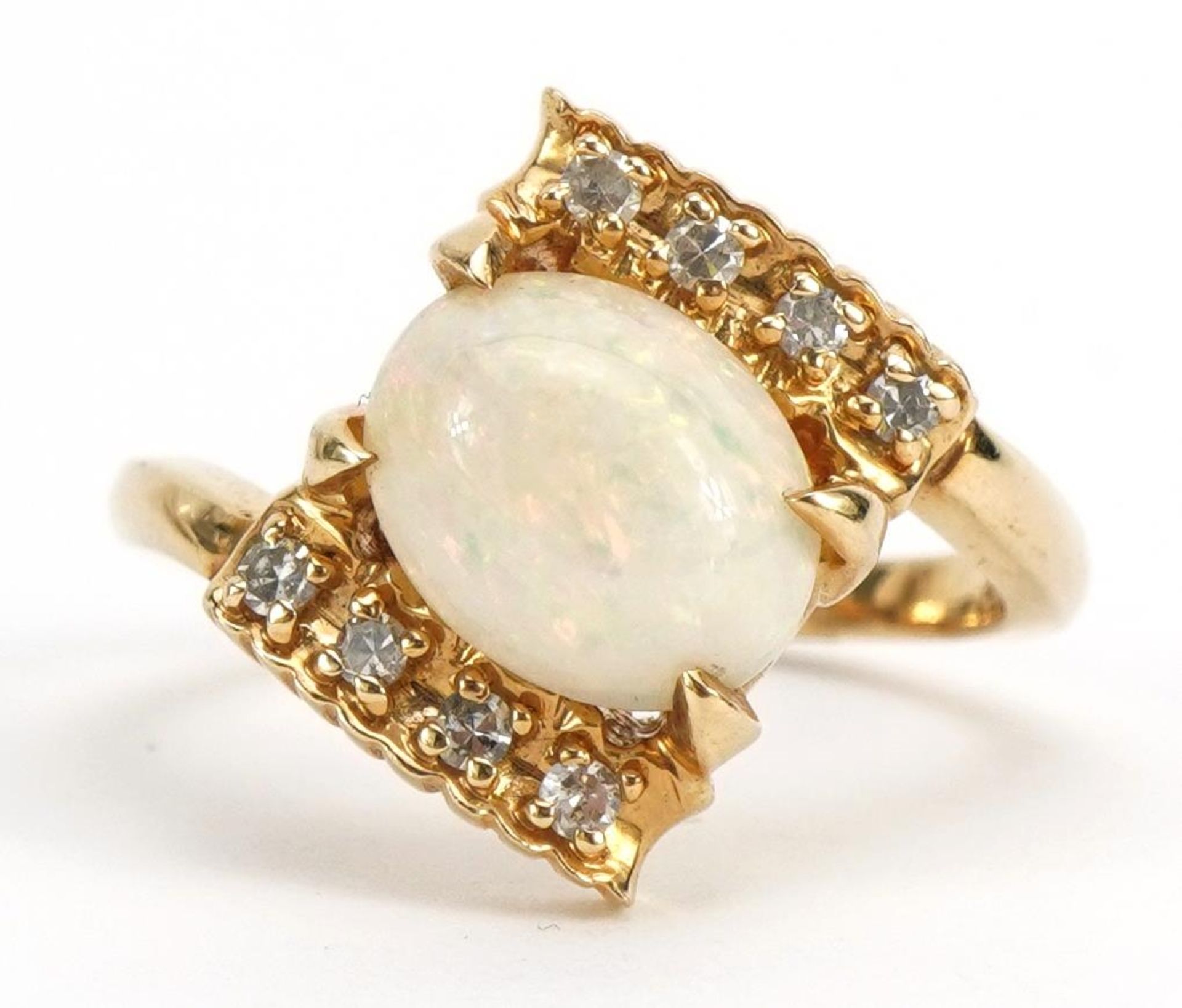 14k gold cabochon opal and diamond crossover ring, size N, 4.8g