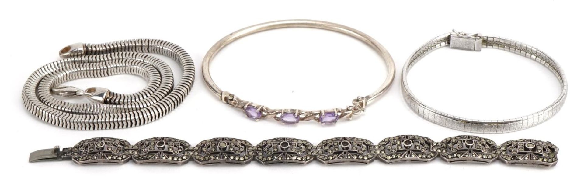 Silver jewllery comprising snake link necklace and three bracelets, one set with amethysts, total - Image 4 of 6