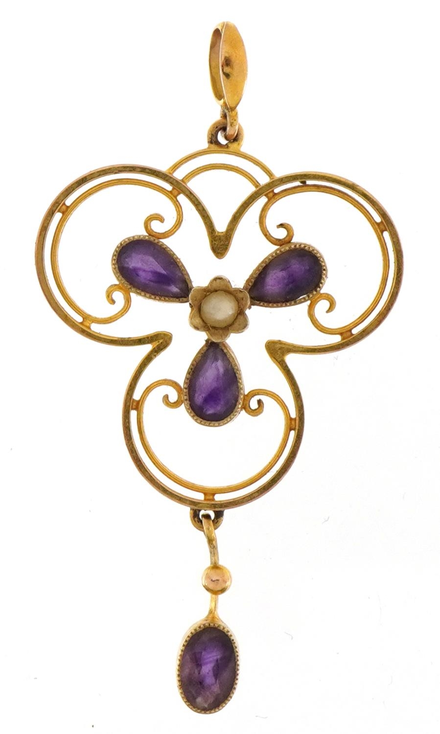 Edwardian 9ct gold amethyst and seed pearl drop pendant, 4.8cm high, 2.8g