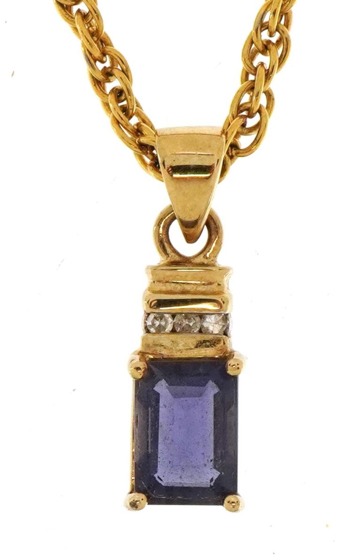 9ct gold purple stone and diamond pendant on a yellow metal necklace, 1.9cm high and 46cm in length,