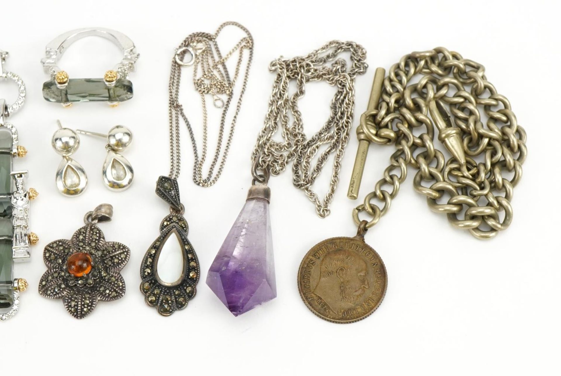 Vintage and later silver and white metal jewellery including amethyst crystal pendant, pair of - Image 3 of 4