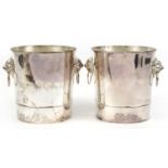 Pair of silver plated Champagne ice buckets with ring turned mask handles, each 23cm high