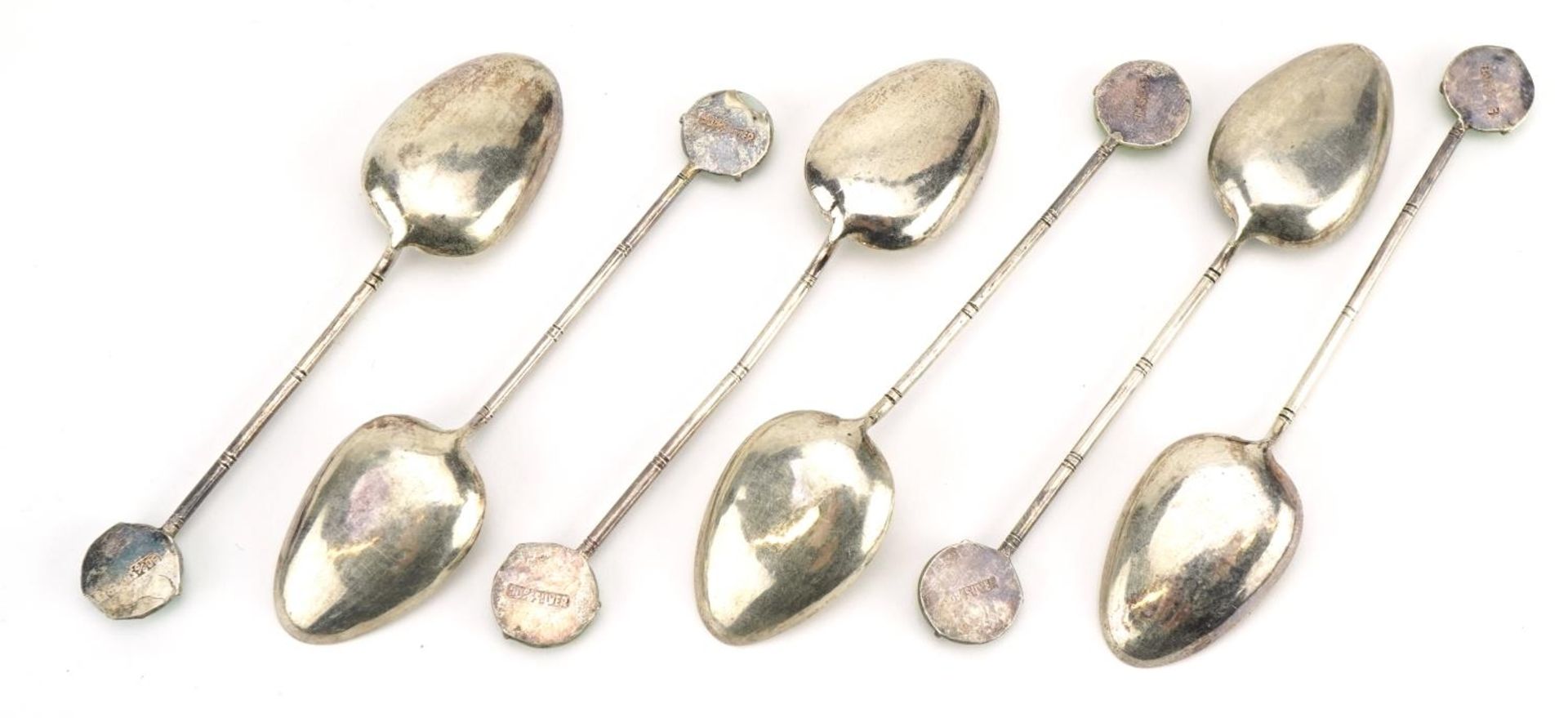 Set of six Chinese silver teaspoons with green jade terminals, 10cm in length, 36.0g - Image 2 of 3