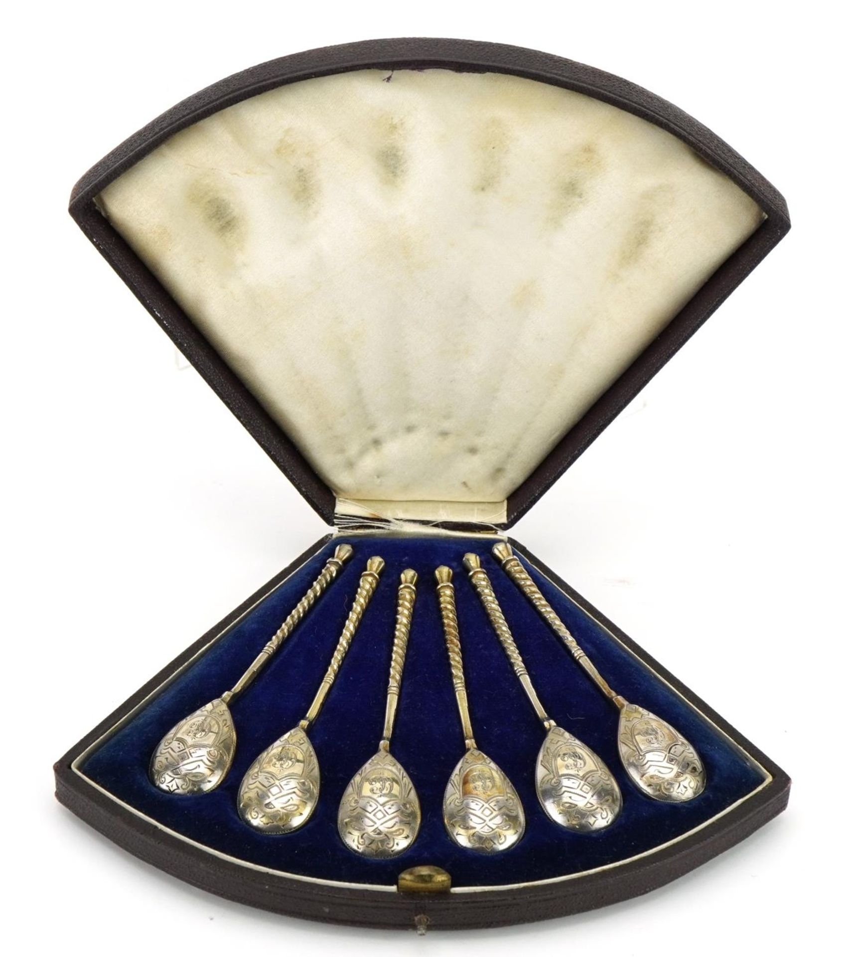 Set of six 19th century Russian silver spoons housed in a velvet and silk lined fitted case,