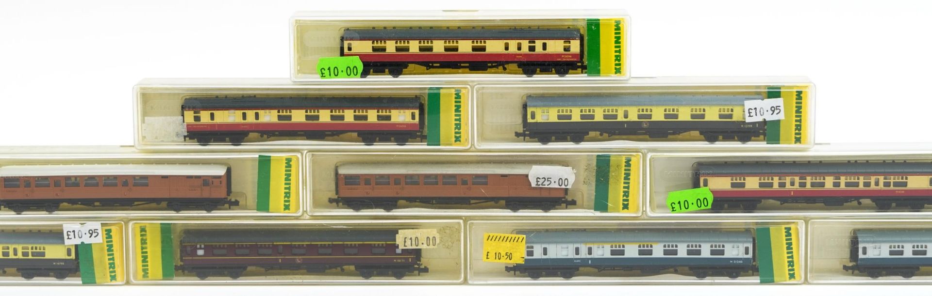 Ten Minitrix N gauge model railway carriages with cases, numbers 13003, 13004, 13005, 13006, - Bild 3 aus 5