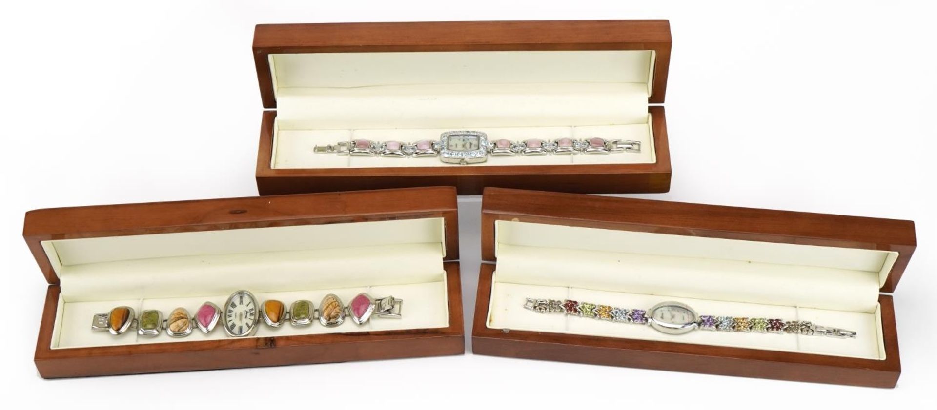 Three as new ladies Gems TV silver gem set and hardstone wristwatches, each with box - Image 5 of 6