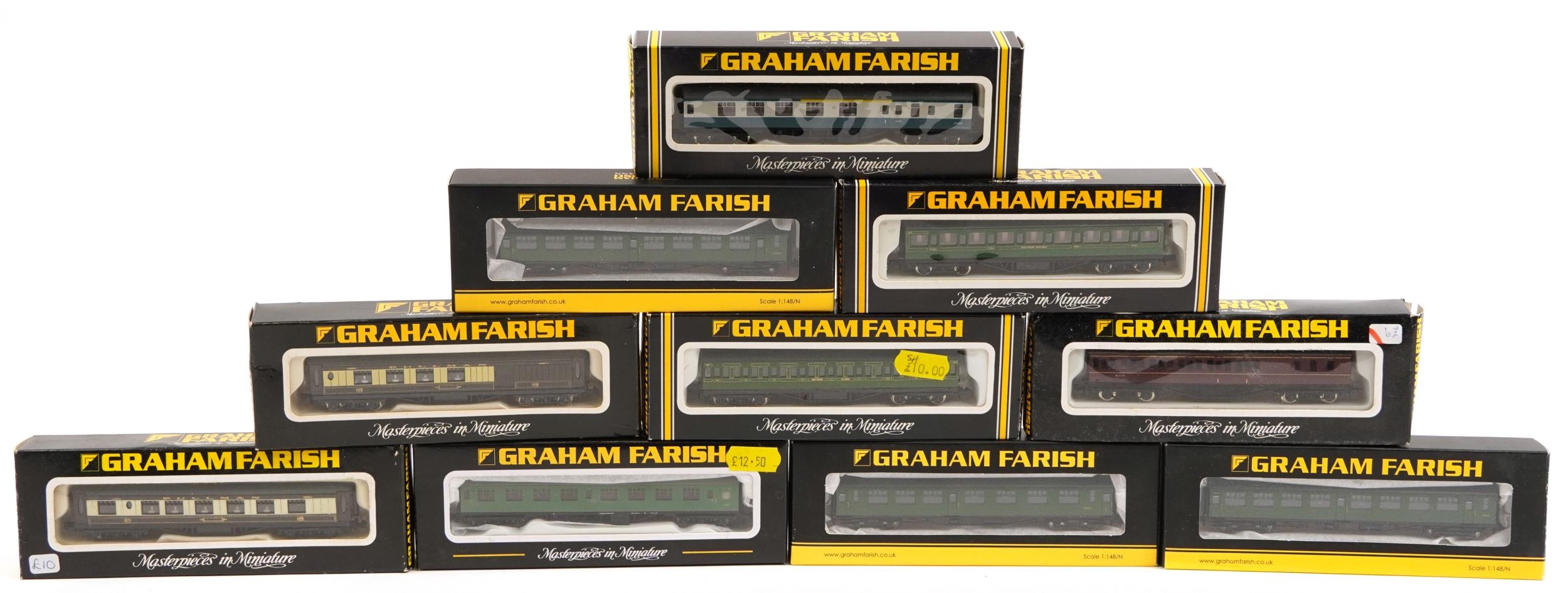 Ten Graham Farish N gauge model railway carriages with boxes, numbers 0603, 0615, 0623, 0646,
