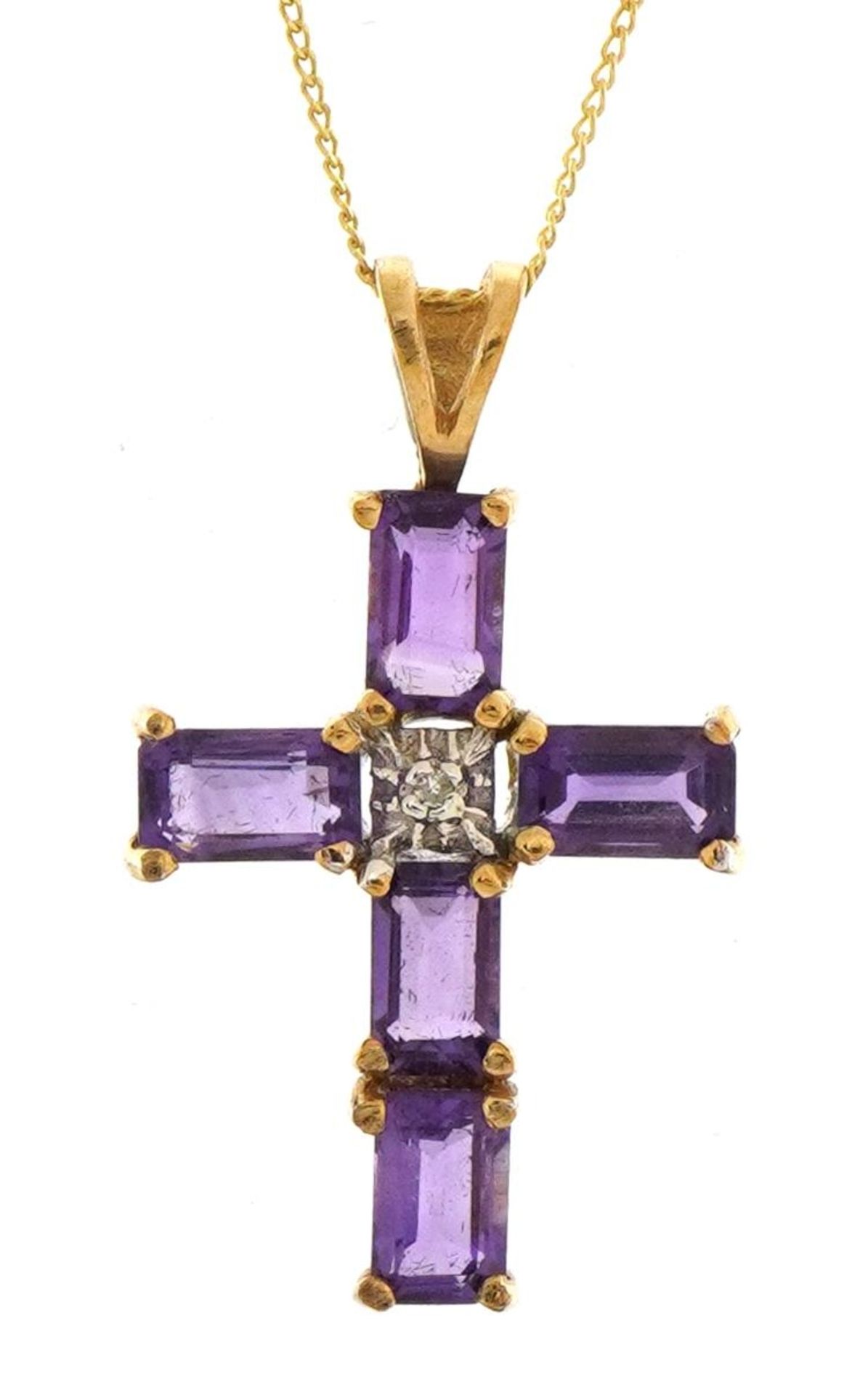 9ct gold amethyst and diamond cross pendant on a 9ct gold necklace, 2.4cm high and 45cm in length,