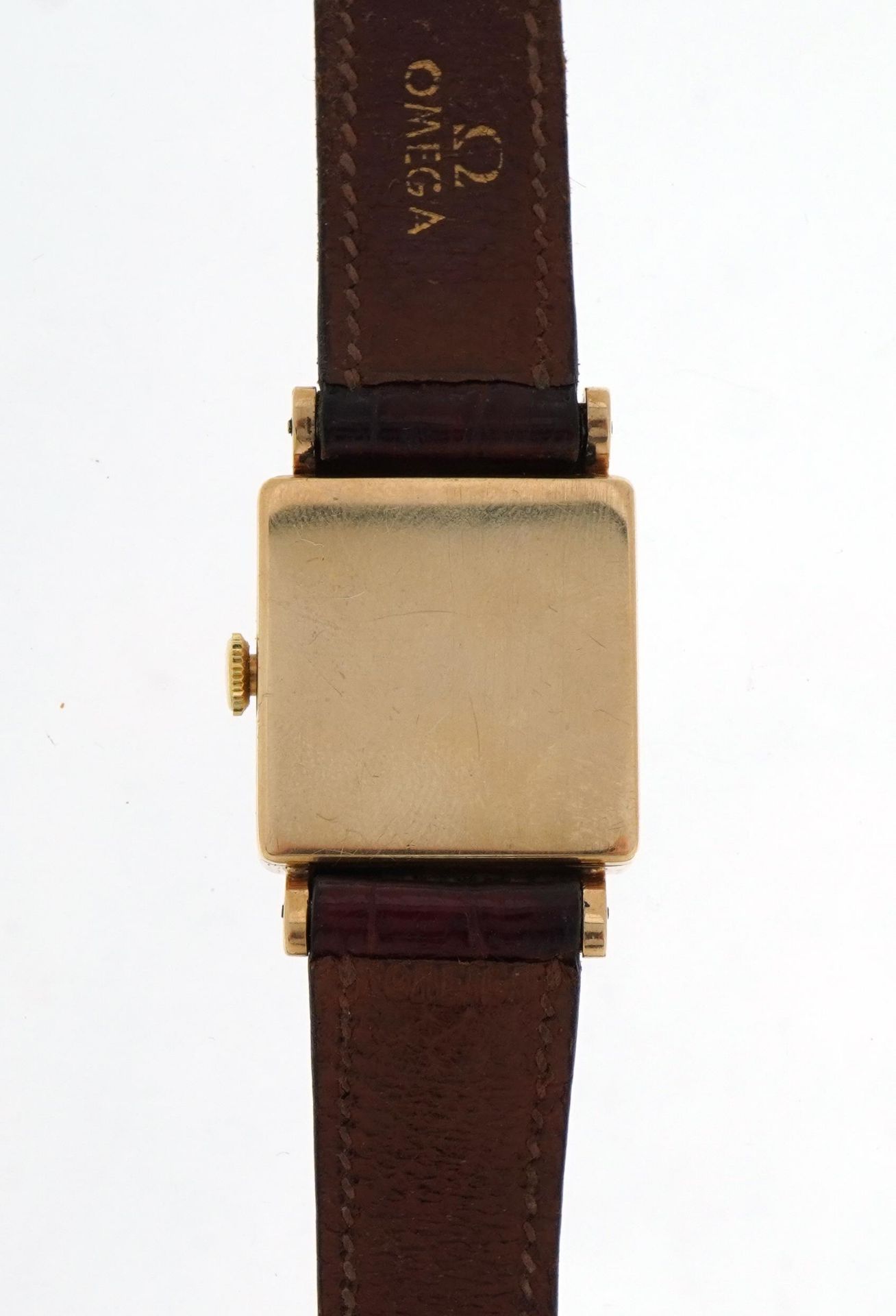 International Watch Co, gentlemen's 9ct gold wristwatch with Omega brown leather strap, the dial - Image 3 of 4