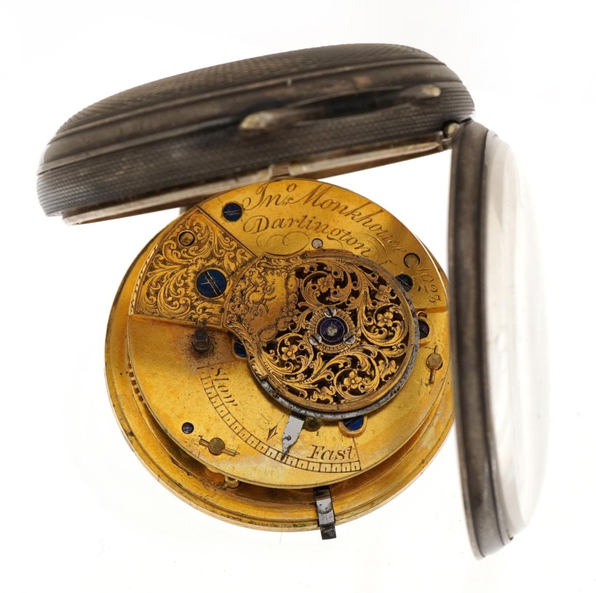J N O Monkhouse, Victorian silver open face pocket watch, the fusee movement numbered 1023, the case - Image 3 of 4