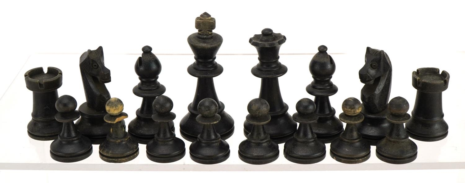 Turned wooden Staunton pattern chess set with box, the largest pieces 6.8cm high - Image 3 of 7