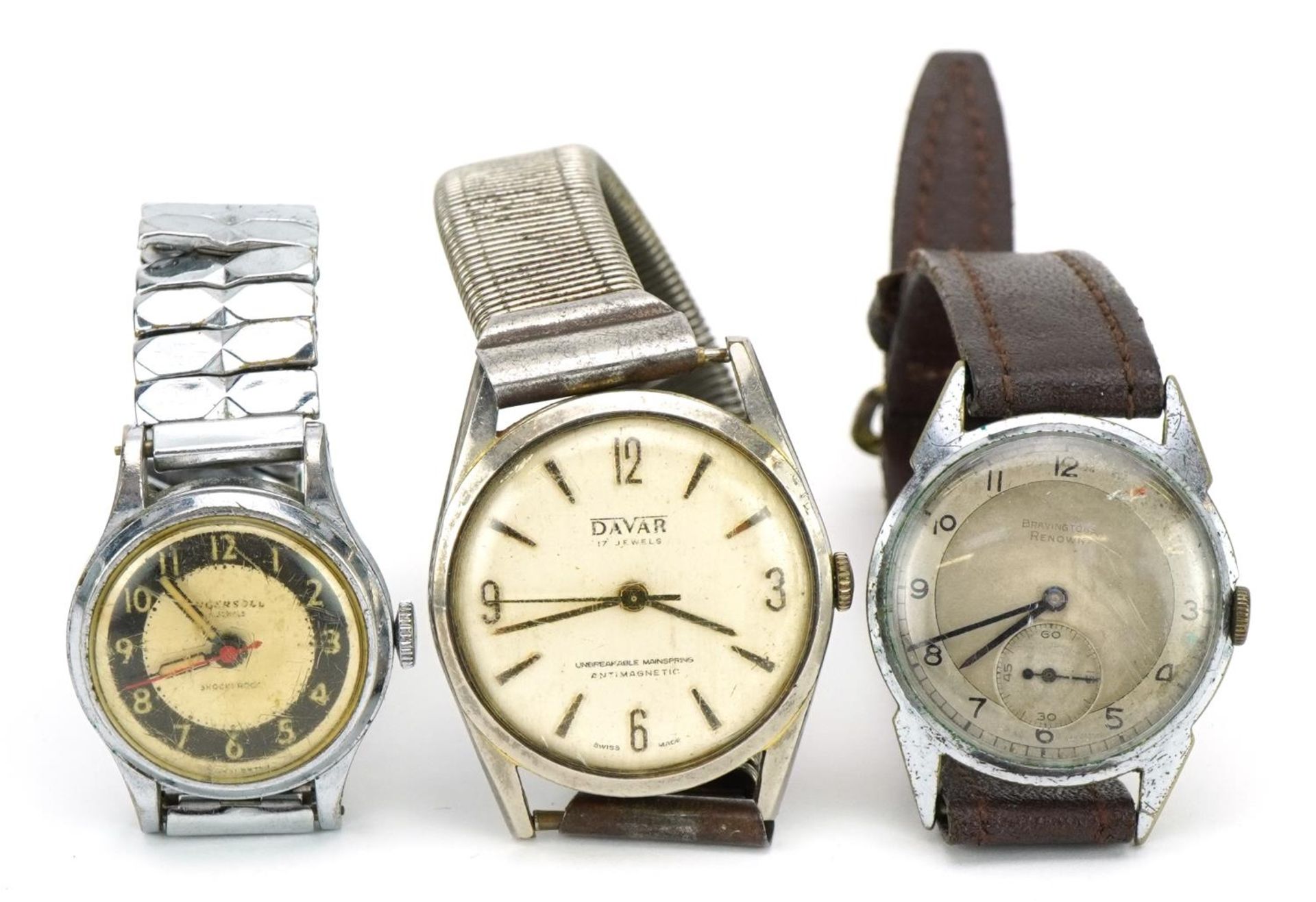 Three vintage ladies and gentlemen's wristwatches comprising Renown retailed by Bravingtons, Davar &