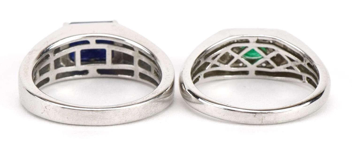 Two silver rings comprising emerald and clear stone and sapphire, the sapphire approximately 9mm x - Image 2 of 3