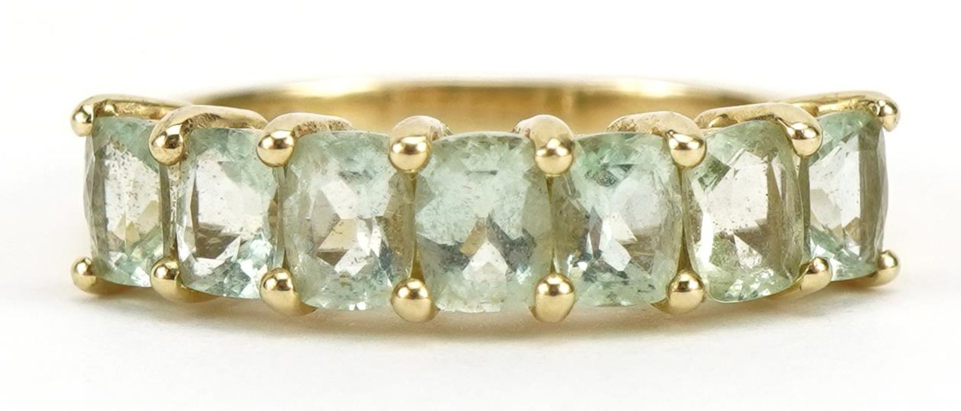 9ct gold green stone half eternity ring, possibly tourmaline, size L, 2.3g