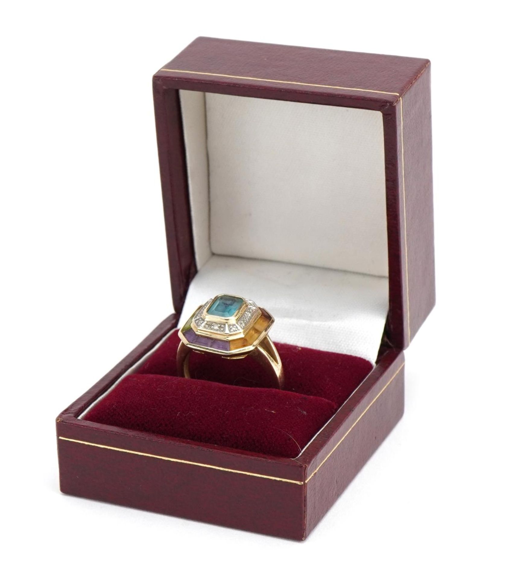 Art Deco style 10k gold multi gem and diamond ring with split shoulders, size N, 4.1g - Image 4 of 5