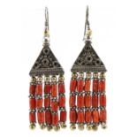 Pair of silver Berber Moroccan coral drop earrings, 7cm high, 23.4g
